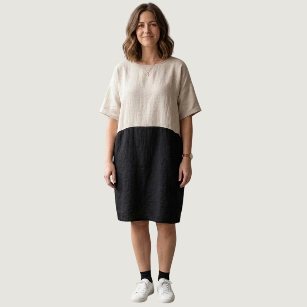 Jackson Rowe Linen Blend Colorblock Shift Dress Beige Black Womens Small